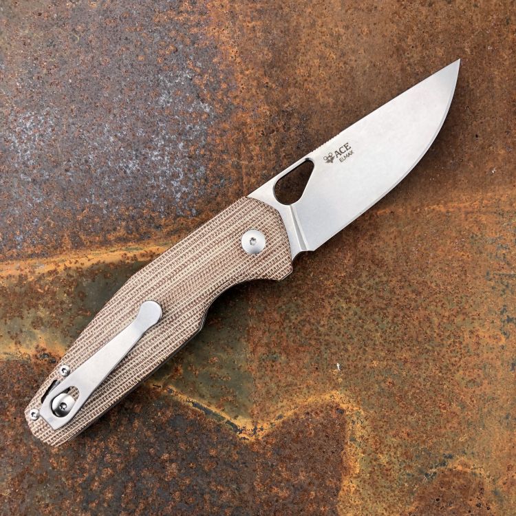 GiantMouse ACE Nimbus V2 Natural Canvas Micarta Elmax Stonewashed Blade Folding Knife